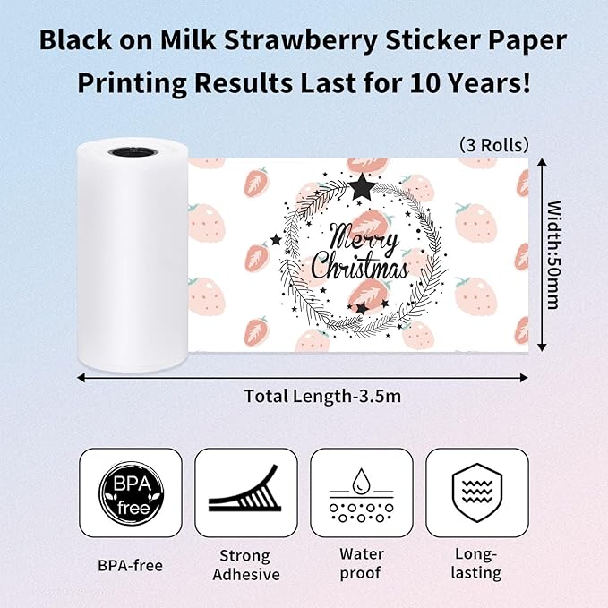 Strawberry Stickers for T02 Mini Printer - Strawberry Sticker Paper Works with T02/M02X/M02L Sticker Printer, Last for 10 Years, Ideal for Journal Photo Study Note, 50mmx3.5m, 3 Rolls