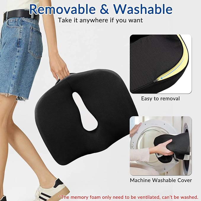 Ergonomic Memory Foam Seat Cushion for Office Chair, Extra Large Pad with U-Shaped Design for Pressure Relief, Coccyx Sciatica & Back Pain Relief, for Home, Car Long Sitting (Black/Gray)