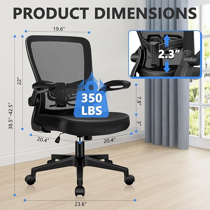 Desk Chairs with Wheels, Ergonomic Mesh Office Chair Adjustable Height and Swivel Lumbar Support Home Office Chair with Flip Up Armrests, Set of 6