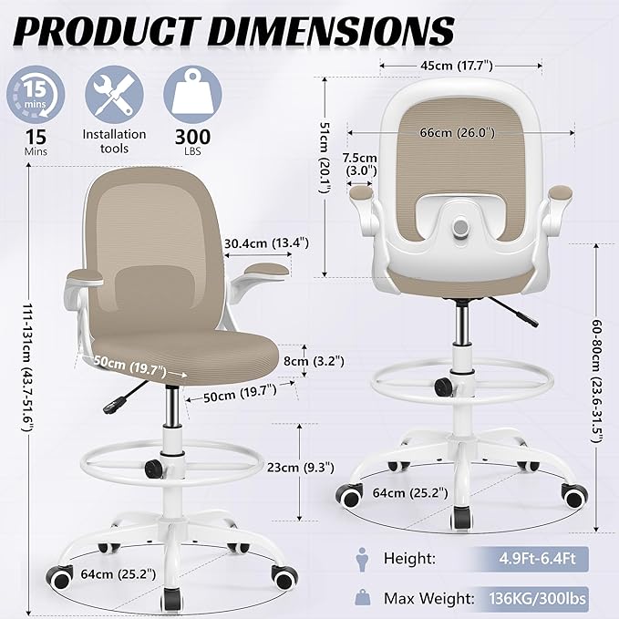 Drafting Chair, Tall Office Chair Ergonomic Standing Desk Chair,with Adjustable Footrest Ring, 3D Lumbar Support, Flip-up Armrests, Swivel Desk Stool for Drawing Working (Khaki)