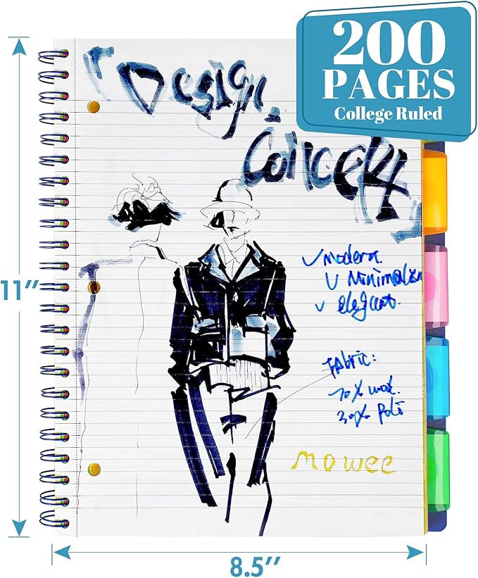Spiral Notebook - 5 Subject Notebook, College Ruled Notebook With Dividers Pocket, Tabs Label, 11" Ruler, 200 Pages, for Writing Journal, Home & Office, School Supplies, 8.5''x11''Black
