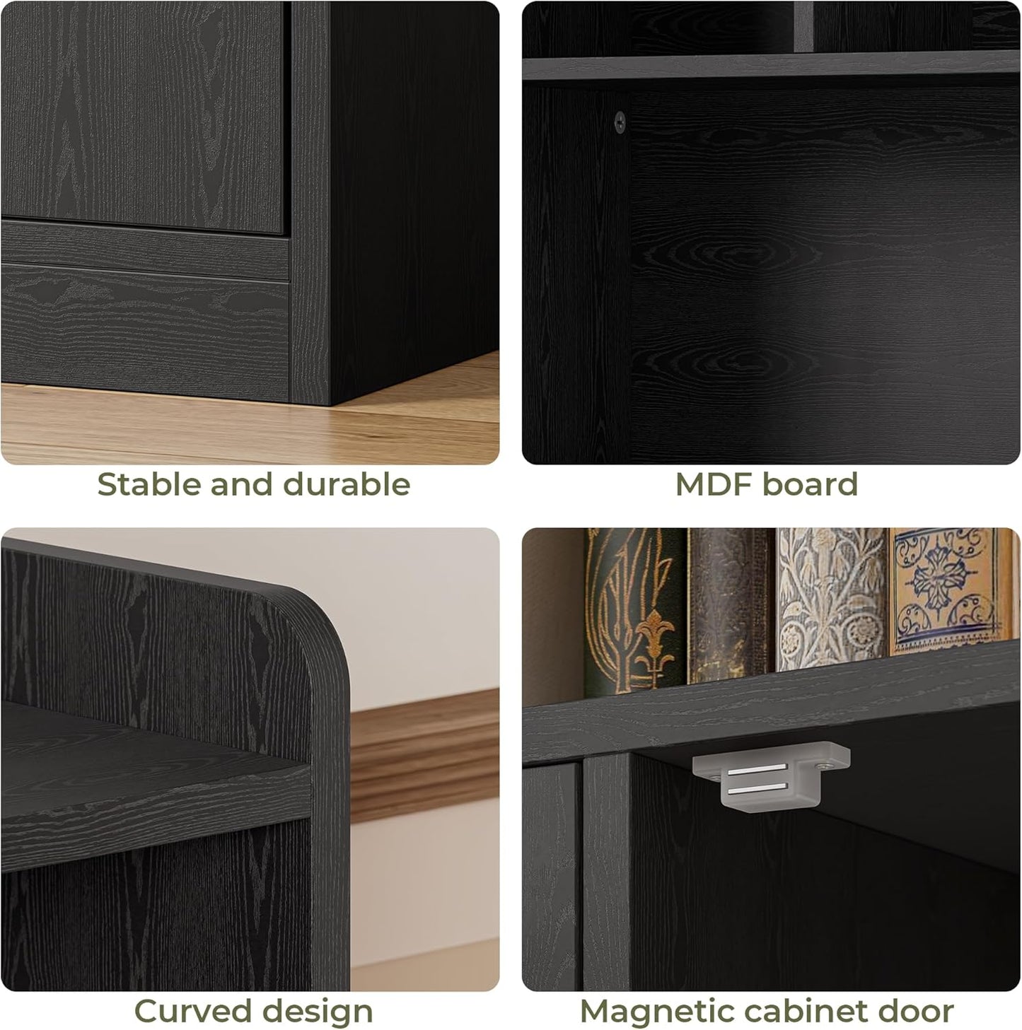 IRONCK Bookshelves and Bookcase, 6 Tiers Large Bookshelf with 4 Doors, Floor Standing Tall Display Storage Shelves for Home Office, Living Room, Bedroom, Black