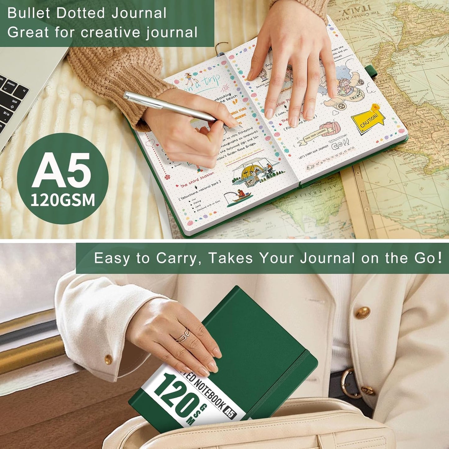 AHGXG Bullet Dotted Journal - Dot Grid Notebook Journal, 120 GSM Thick Acid-Free Paper, A5 Dotted Notebook 160 Pages, Leather Hardcover, Inner Pocket, Journal Stencil, 5.7'' × 8.3'' - Green