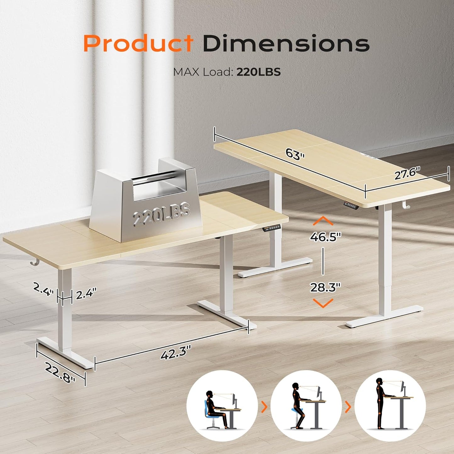Huuger 63 x 28 Large Electric Standing Desk, Height Adjustable Computer Desk, 27.6" Deep Desktop, Stand up Gaming Office Table with 2 Hooks, 3 Preset Heights, for Home Office, Oak