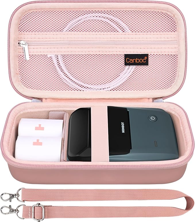 Canboc Carrying Case for NIIMBOT B21 Label Maker, Portable Bluetooth Thermal Label Printer Bag with Removable Shoulder Strap, Mesh Pocket fit Printer Labels, USB Cable, Rose Gold (Case Only)