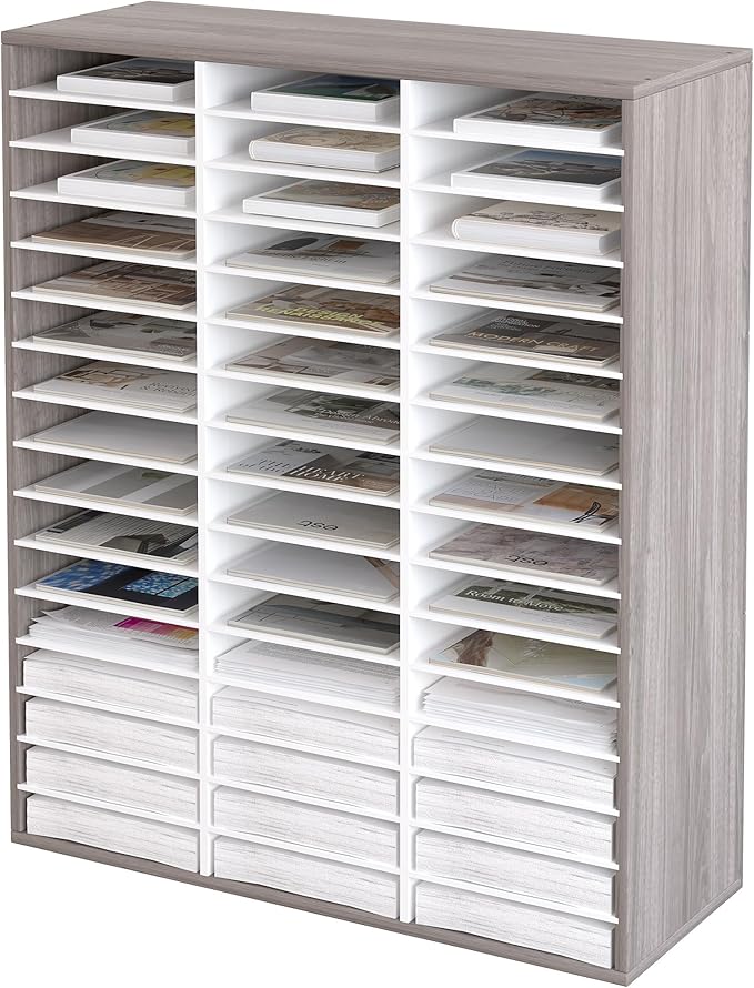 EasyPAG Mail Organizer Countertop, Wood Literature Organizer with Adjustable Shelves, Student Classroom Mailbox for School, Desktop Paper Sorter for Office Home, 48 Compartments, Retro Gray/White
