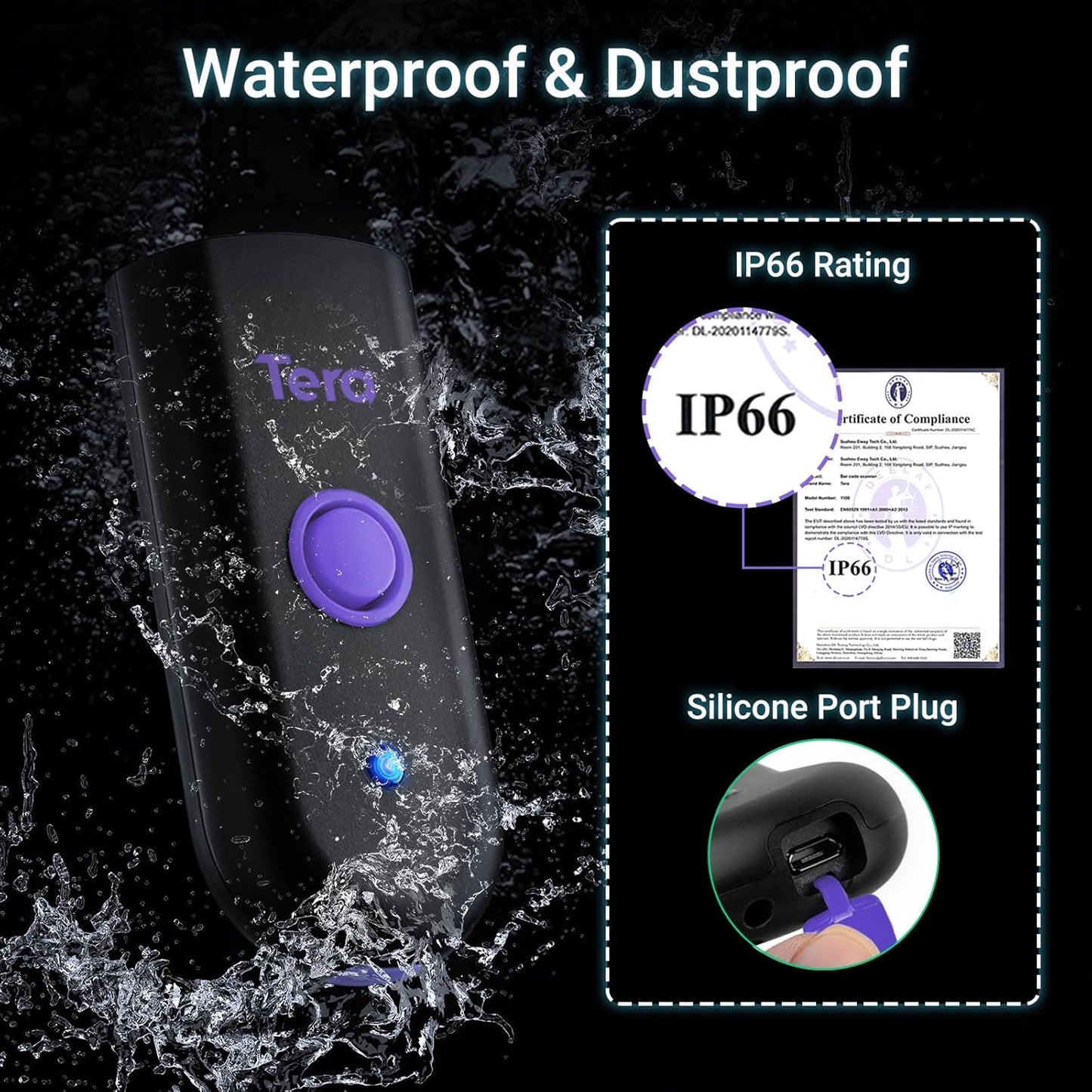 Tera Mini 1D Barcode Scanner: Pocket Waterproof Wireless Laser Scanner 3 in 1 Compatible with Bluetooth USB Wired Portable Bar Code Reader for Logistics Work with iOS Windows Android 1100L Purple