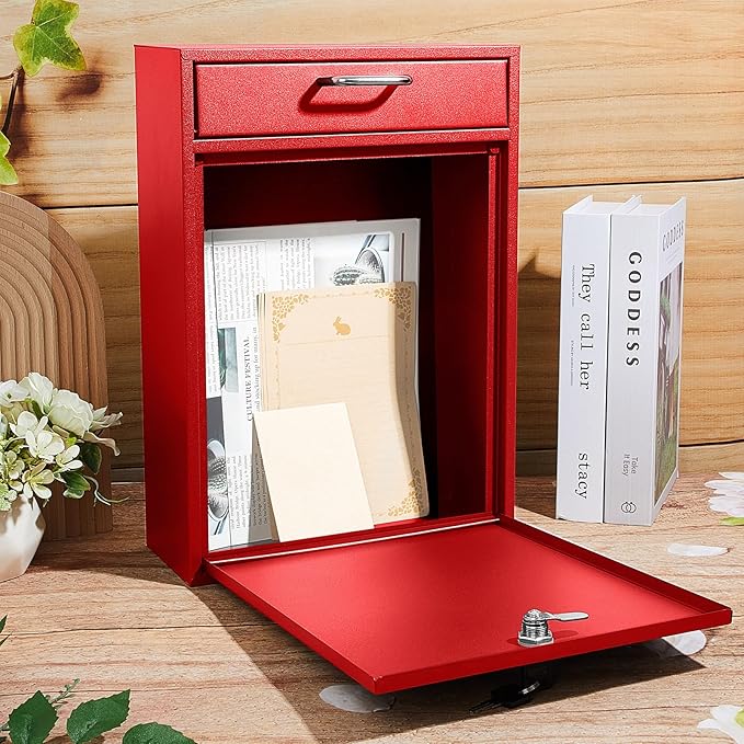 Locking Mailbox with Key for Outdoor 16.2 x 11.2 x 4.7 Inches Large Wall Mount Mail Box with Lock Security Mail Drop Metal Collection Boxes Hanging Secure Postbox(Red)