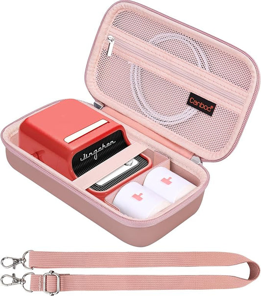 Canboc Carrying Case for NIIMBOT B21 Label Maker, Portable Bluetooth Thermal Label Printer Bag with Removable Shoulder Strap, Mesh Pocket fit Printer Labels, USB Cable, Rose Gold (Case Only)