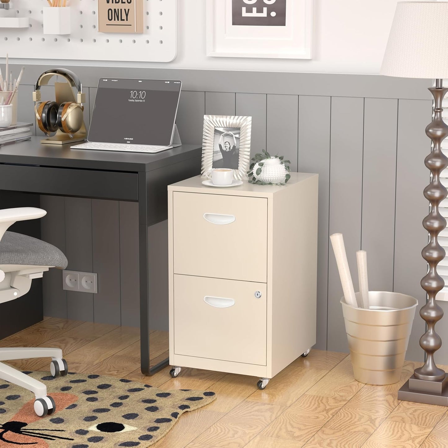 2 Drawer File Cabinet with Lock，Cream Rolling File Cabinet for Home Office, Metal Small Mobile Filing Cabinets on Wheels for Hanging Letter