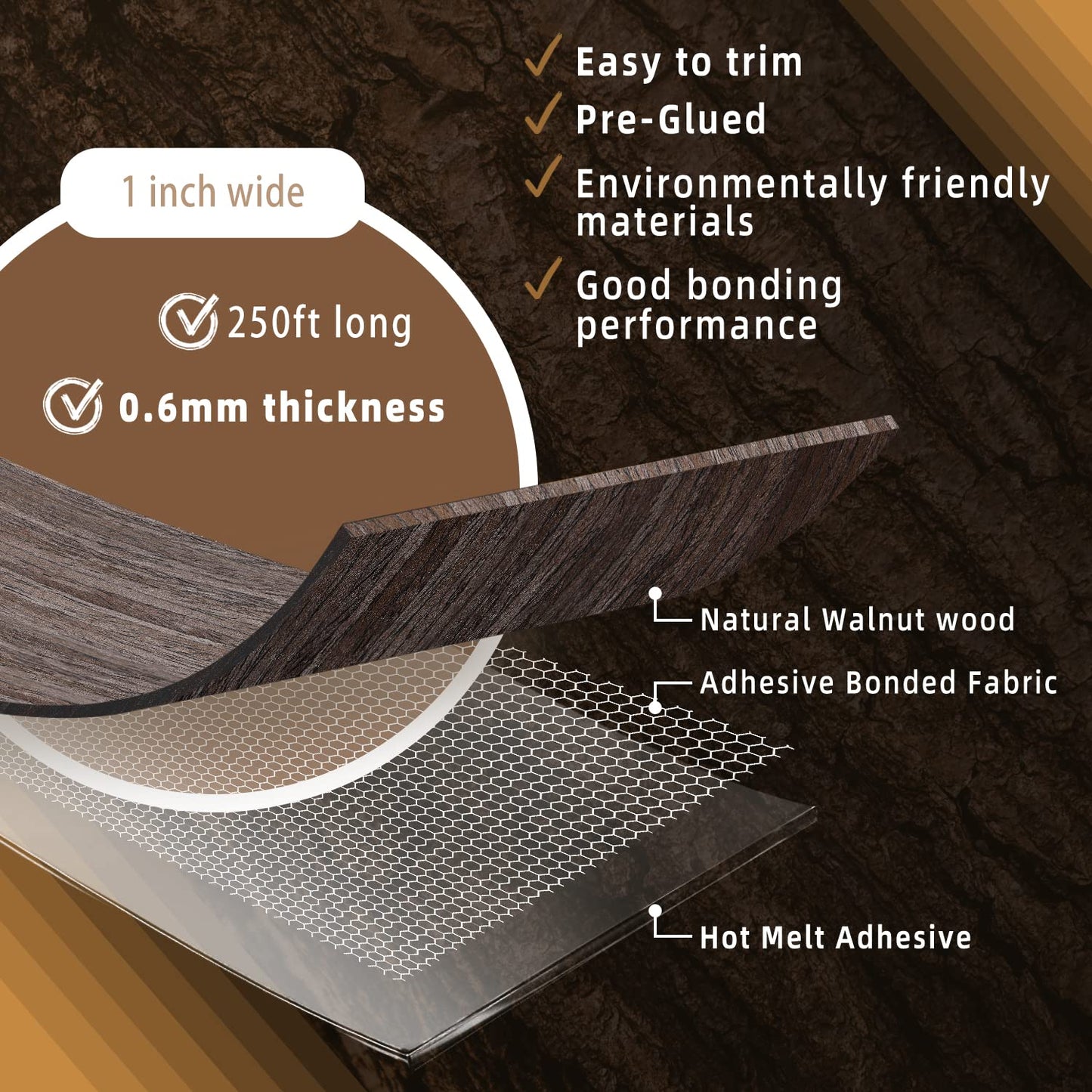 GSCIT Club Walnut Edge Banding, 1 inch x 250ft roll of Veneer Plywood Edge Banding Preglued Flexible, Wood Tape Banding for Cabinet Repair