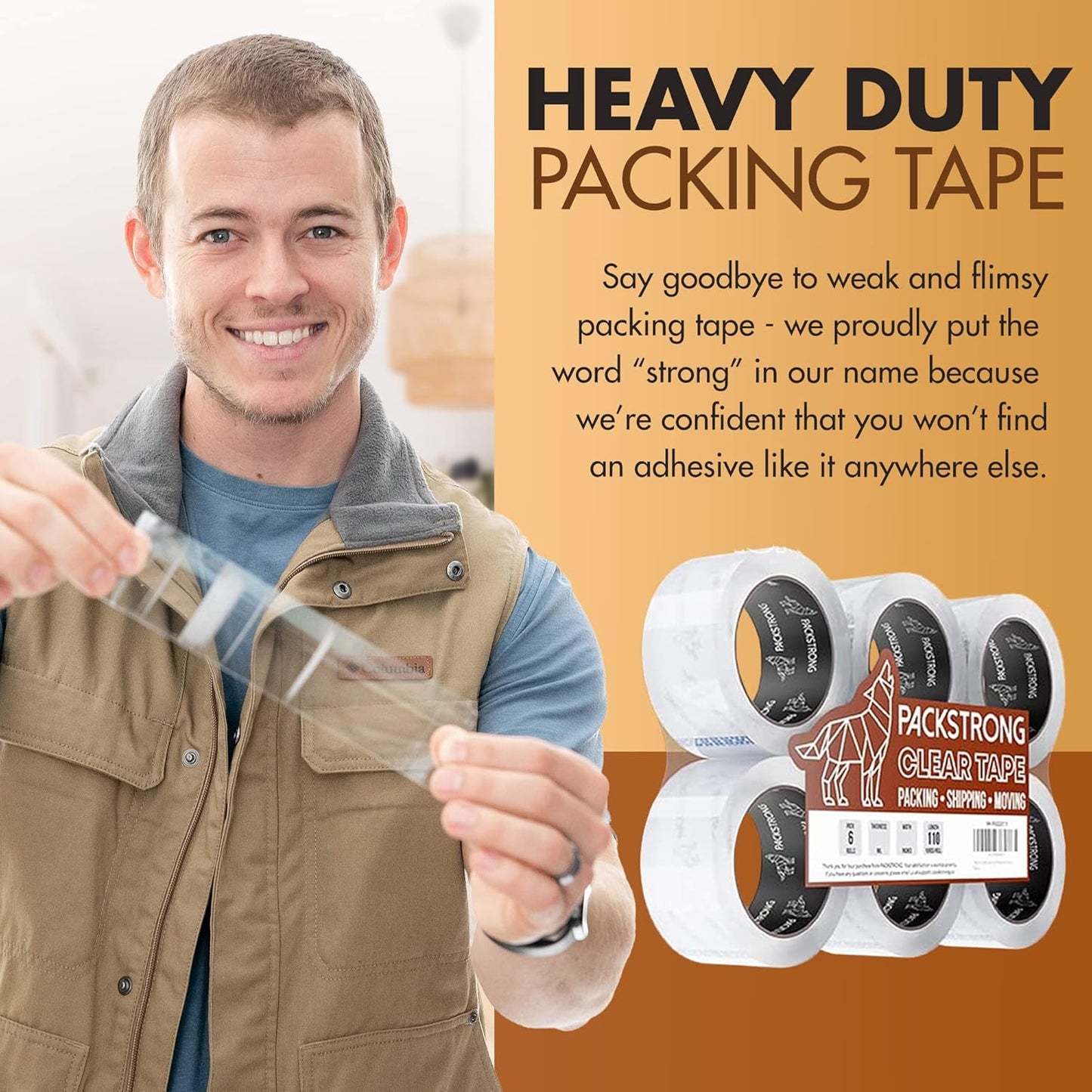 Packstrong Industrial Grade Clear Packing Tape 6 Rolls - 110 Yards per Roll - 3" Wide x 2.5 mil Thick, Acrylic Adhesive Heavy Duty Tape for Box Office Moving Packaging Shipping