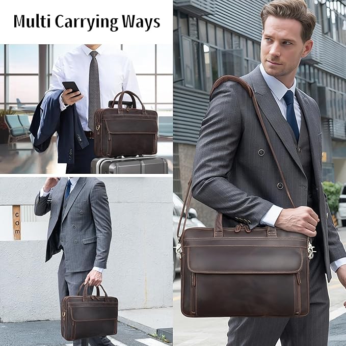 Masa Kawa Leather Briefcase for Men 15.6" - 17" Laptop Computer Case Business Travel Work Messenger Cross Body Shoulder Bag