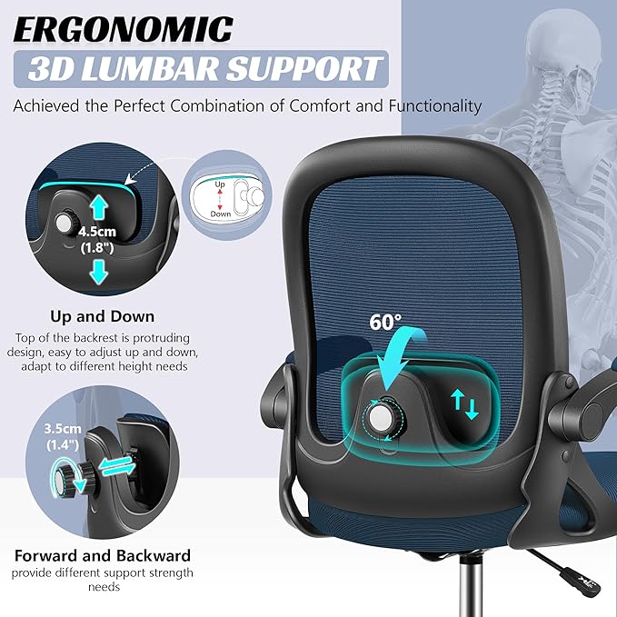 Drafting Chair, Tall Office Chair Ergonomic Standing Desk Chair,with Adjustable Footrest Ring, 3D Lumbar Support, Flip-up Armrests, Swivel Desk Stool for Drawing Working (Navy)