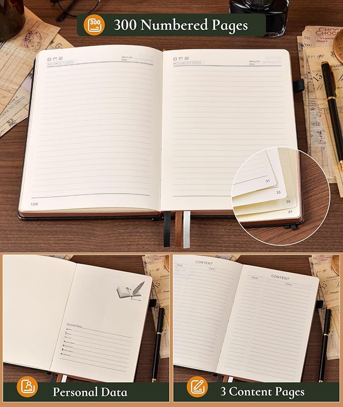 Vintage Leather Journal with 300 Numbered Pages,A4 Lined Journal for Men Women,Daily Journals for Writing,College Ruled Notebook for Work,School,Note taking,Travel Diary,Large (8.5" X 11.3")