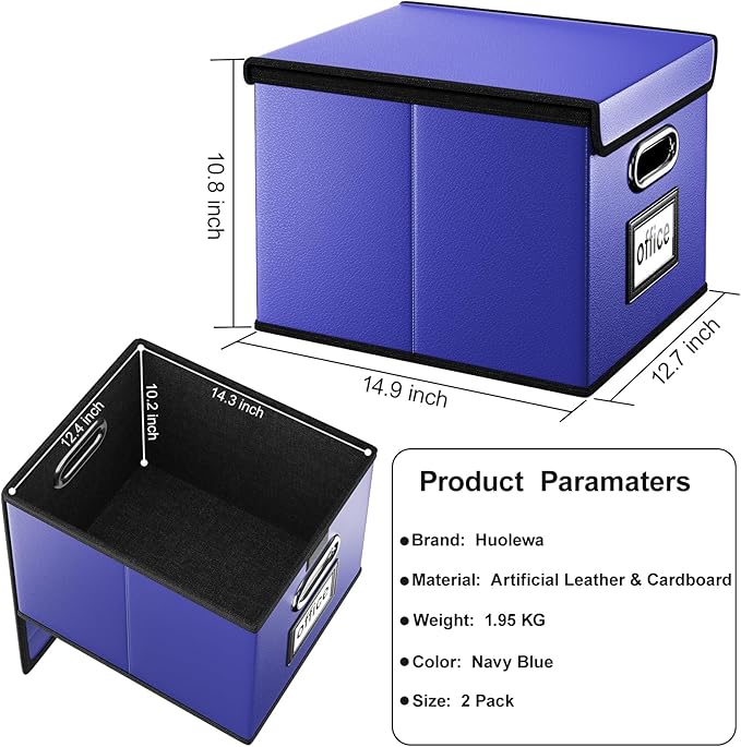 Huolewa Portable Leather File Organizer Boxes with Lids, Collapsible File Folder Organizer Boxes, Decorative Small Filing File Cabinet for Home/Office, Easily Store Documents/Hanging File Folders