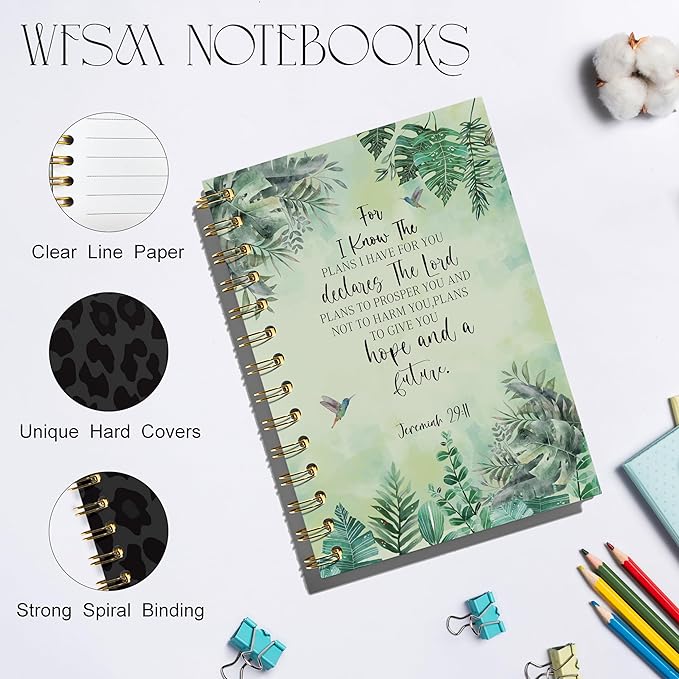 Christian Bible Journals for Women, Prayer Journal for Women, for I Know the Plans I Have for You, Bible Notebooks for Note Taking, Green Tropical Leaves Hardcover Spiral Notebook 5.5x8.3