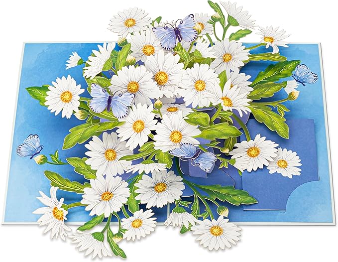 Daisy Pop Up Cards, White Daisy, Butterfly, 3D Greeting Cards, Gifts for Birthday, Mothers Day, Valentines Day, Mom, Wife, Girlfriend, Sister, 5x7 - Includes Envelope And Message Note