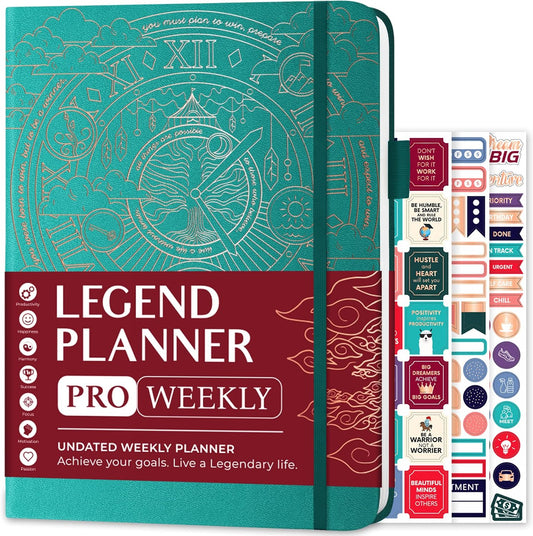 Legend Planner PRO – Deluxe Weekly & Monthly Life Planner to Increase Productivity and Hit Your Goals. Time Management Organizer Notebook – Undated – 7 x 10" Hardcover + Stickers – Viridian Green