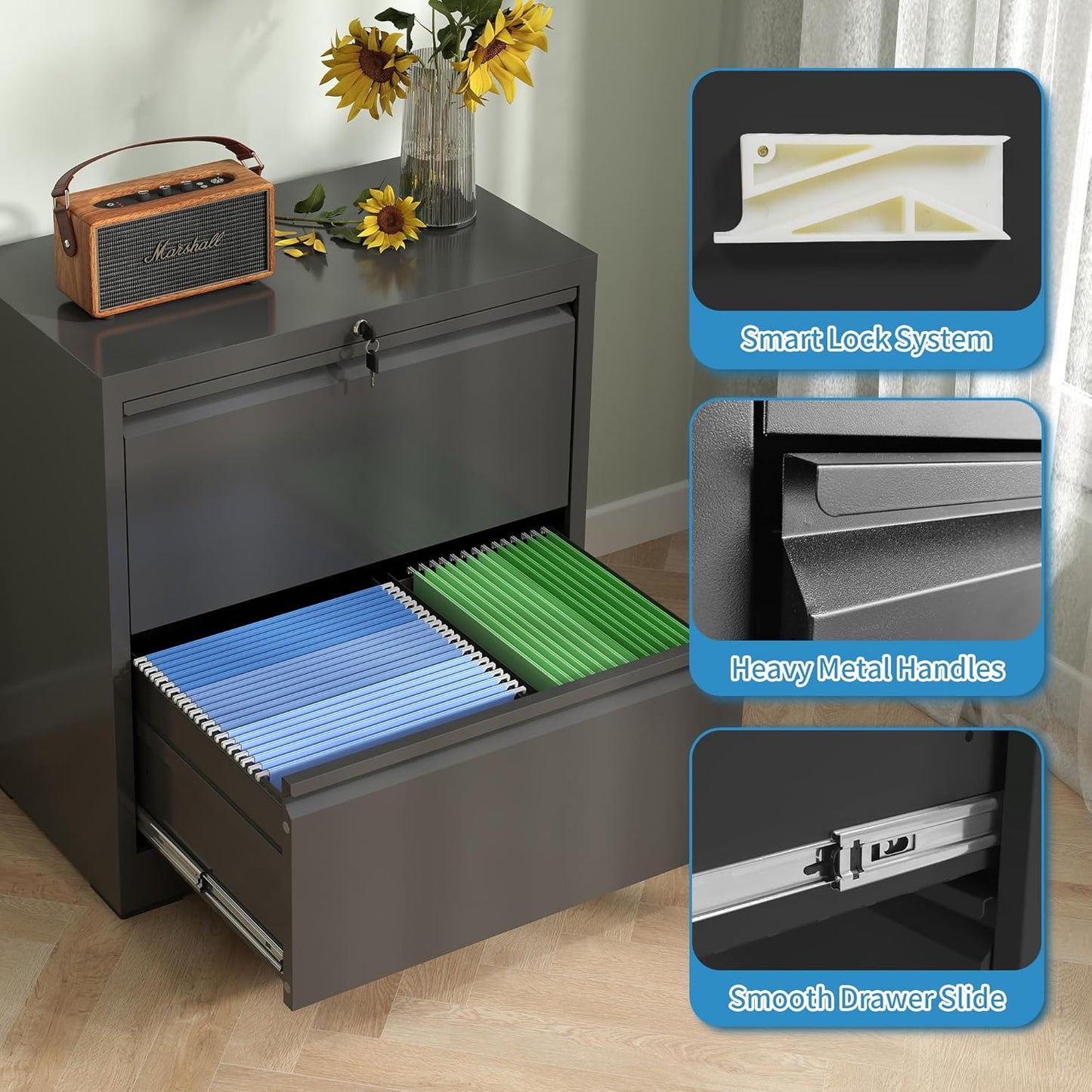 2 Drawer Lateral File Cabinet with Lock, 26.8" Wide Metal Filing Cabinets for Home Office, Steel Storage File Cabinet for Letter/Legal/F4/A4 Size with Hanging Bars, Assembly Required(Black)