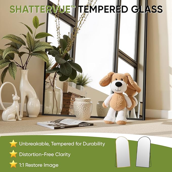 Full-Length Floor Mirror with Stand, 76"x34" Arched Style Full Body Standing Mirror for Bedroom, Living Room, Gym, Dorm - Shatter-Resistant & Easy Assembly, Black