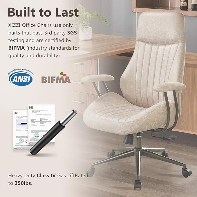 Mid Century Modren Office Chair - High Back Swivel Executive Chair with Lumbar Support,Ergonomic Computer Desk Chair with Wheels,Faux Lether Suede Task Chair,350lbs (Beige, High Back)