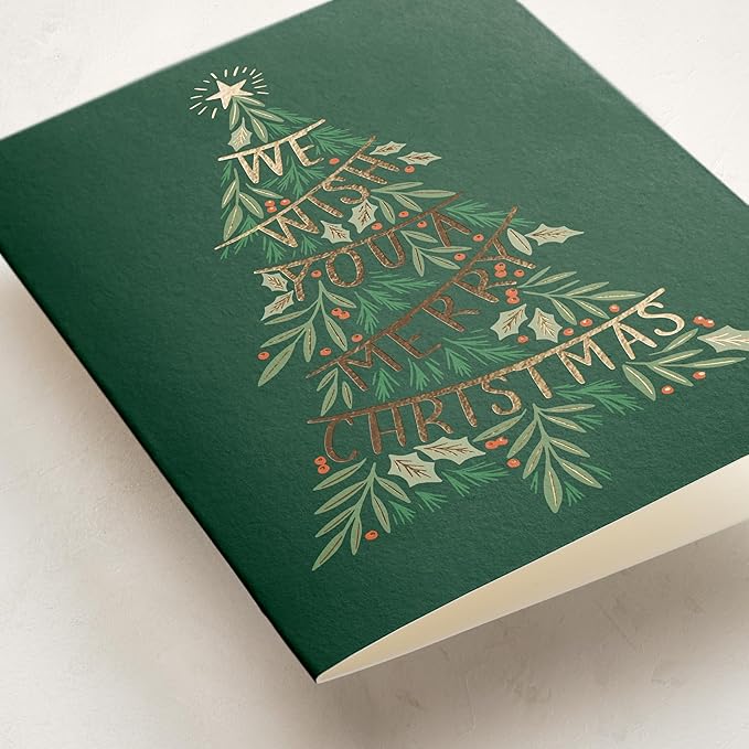 Minted Merry Tree Garland Christmas Cards, 8 Cards with Envelopes, Classic Holiday Card with Festive Garland Tree and Star Design, Folded 5x7 Card, Gold Foil-Pressed, Luxurious Paper, Blank Inside