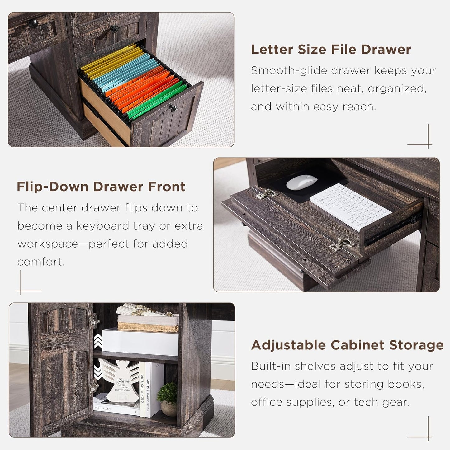 OKD 60" Executive Desk with Hutch and Drawers, Farmhouse Home Office Desk with Charging Station, Keyboard Tray, File Cabinet Storage, Wood Computer Desk for Work and Study, Dark Rustic Oak