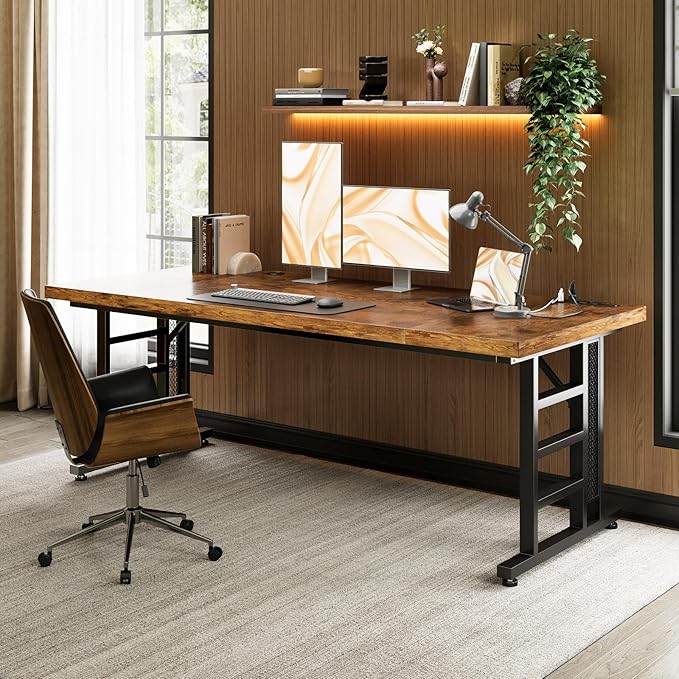 Coleshome 78 Inch Executive Desk with USB Ports, Large Computer Desk with Extra Thick, Long Mordern Office Desk, Workstation Business Furniture for Home Office, Vintage