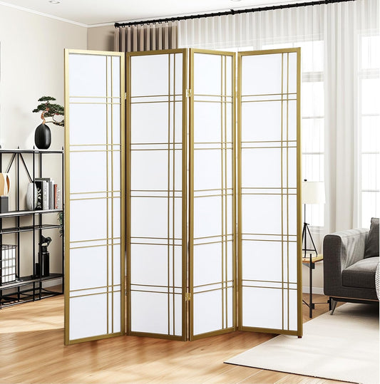 NicBex Room Divider 4 Panel Room Dividers with Paper-Looking Partition Room Dividers and Folding Privacy Screens Wall Divider for Home, Office, Room Separation,72" W x 1" D x 70" H, White+Gold