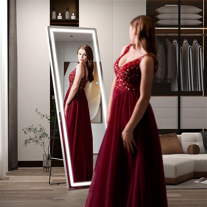 Hasipu Full Length Mirror with Lights, 65" x 22" LED Floor Mirror, Full Body Dressing Standing, Hanging Mounted Mirror for Living Room Bedroom Cloakroom, Round White
