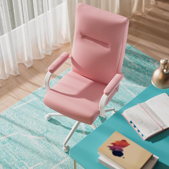 Pink Desk Chair, High Back Leather Executive Office Chair for Girl and Women, Adjustable Height Computer Desk Chairs with Wheels and Arms