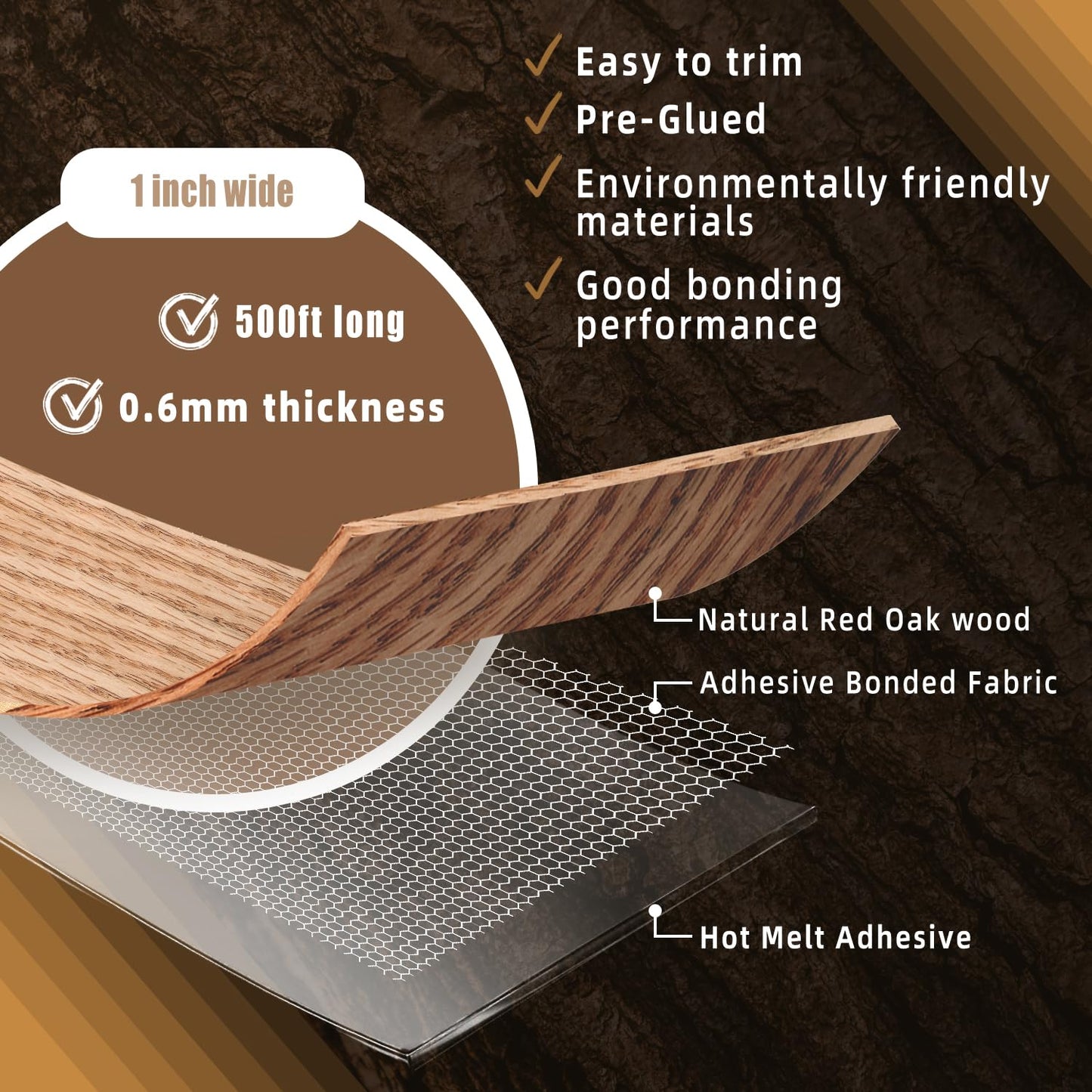 GSCIT Club Red Oak Edge Banding, 1 inch x 500ft roll of Veneer Edge Banding Pre-glued Flexible, Wood Tape Banding for Cabinet Repair Furniture