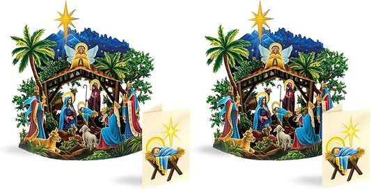 Freshcut Paper Pop Up Cards, Mini Starlit Nativity (Set of 2), 6 Inch Mini Sized 3D Popup Greeting Card and Paper Nativity Scene, Christmas Cards, Holiday Card, Blank Notecard & Envelope