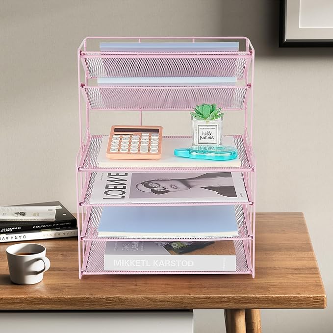 6-Tier Letter Tray Paper Organizer, Desk Organizers and Accessories, Desktop File Organizer, Office Desk Accessories for Office Supplies(Pink)