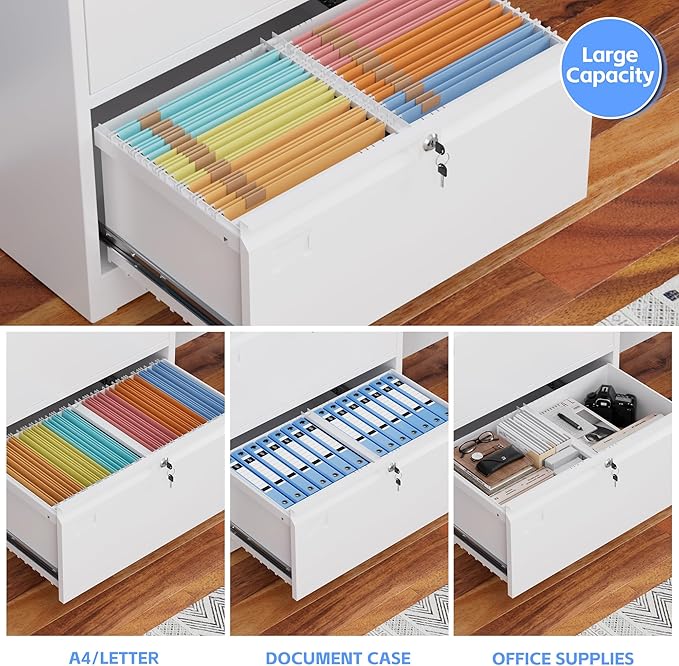 Metal 2 Drawer Lateral File Cabinet with 2 Lock - Wide Filing Cabinet for Letter/Legal/F4/A4 Hanging Files - Includes Business Card Holder,Home Office School Storage,White