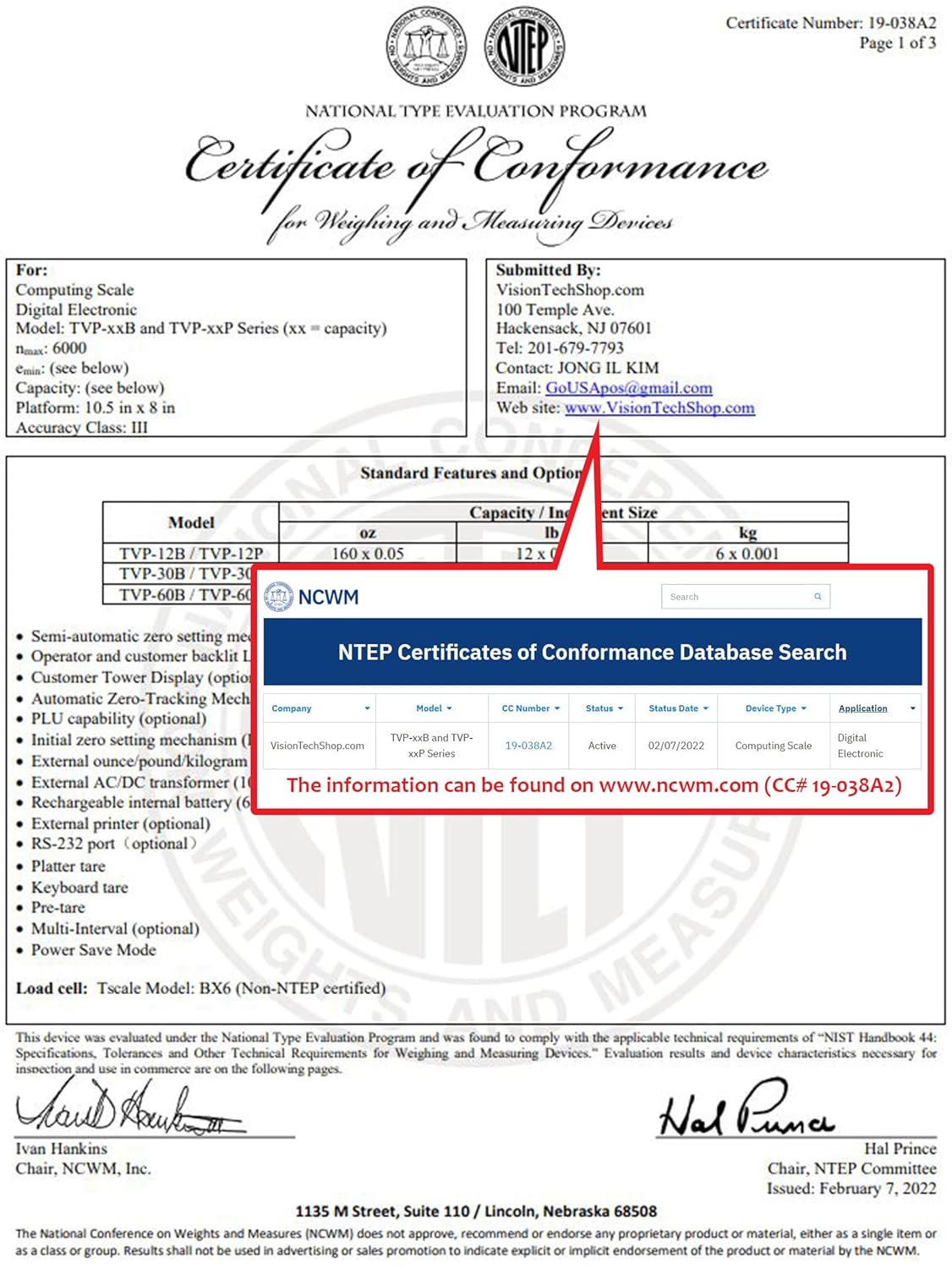 VisionTechShop TVP-60P Price Computing Scale with Pole Display, Lb/Oz/Kg, 60lb Capacity, 0.01lb Readability, NTEP Legal for Trade COC #19-038, NSF Certified