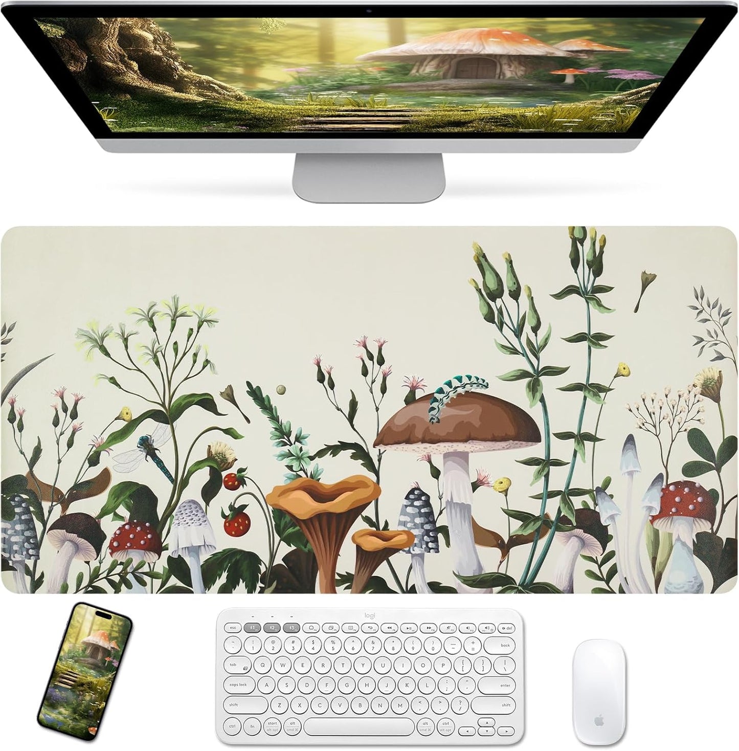 Bloss Plant Mushroom Desks Pad,Large Mouse Pad for Desktop, Leather Floral Desk Mat for Keyboard and Mouse,Waterproof Computer Laptop Desk Protector Mat for Office/Home/Women Gift,White 31.5" x 15.7"