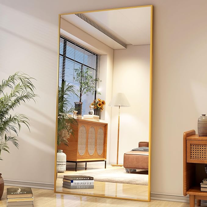 Full Length Mirror with Stand 34"x76" Full Body Mirror Floor Mirror Standing Hanging or Leaning Wall, Wall Mirror with Stand Aluminum Alloy Frame for Living Room Bedroom Cloakroom,Gold