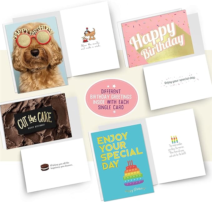 easykart labels 24 Unique Birthday Cards Assortment with Greetings Inside. For Businesses and Individuals, 4X5.5 Inch Assorted Foiling Cards with Envelope with Sealing Stickers