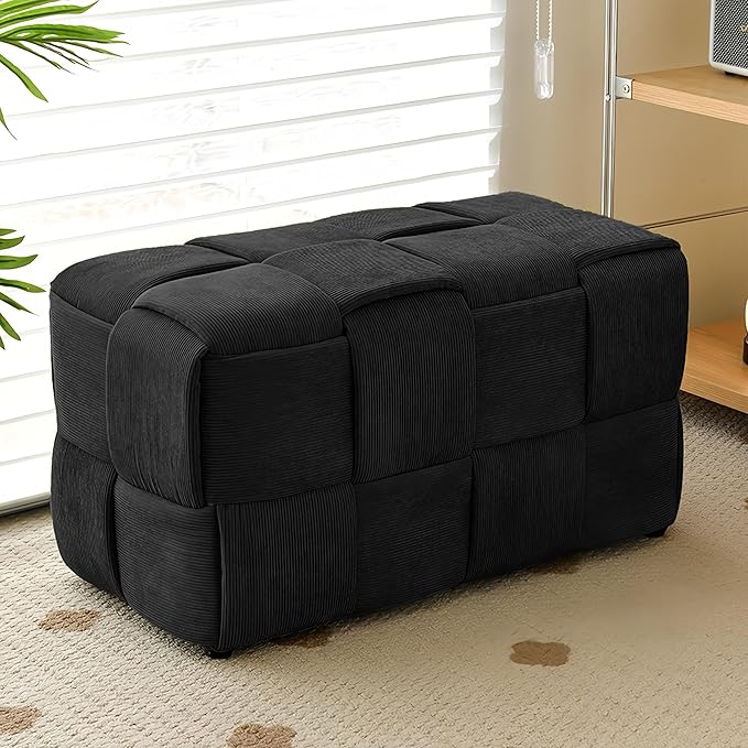 Ottoman Foot Rest Soft and Comfortable Ottoman Square Corduroy Woven Design Sofa Stool (Black-L)