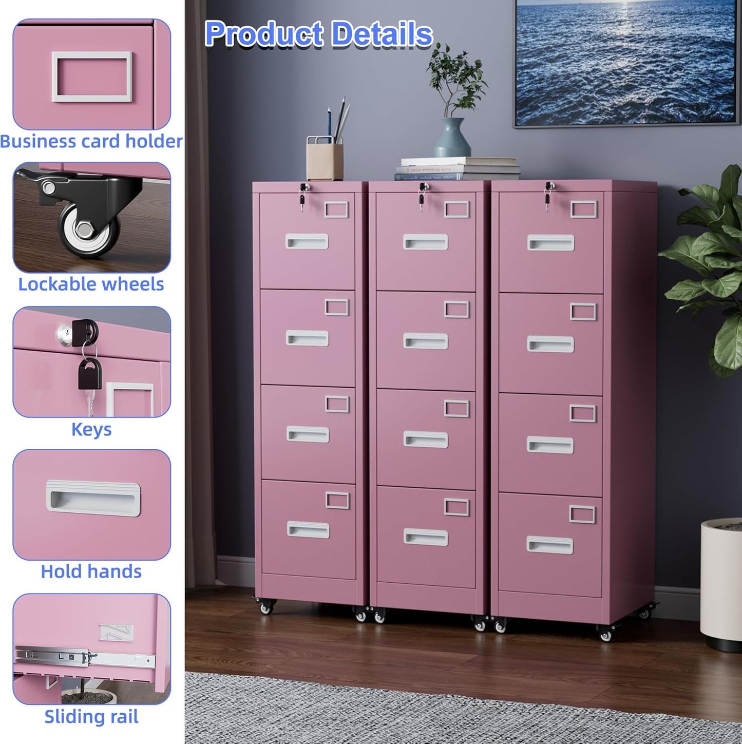 METAN 4 Drawer Vertical File Cabinet on Wheels, Lockable Office Files Storage Cabinet with Handle and Name Card,Mobile Storage Cabinet for Office and Home,Assembly Required,Pink