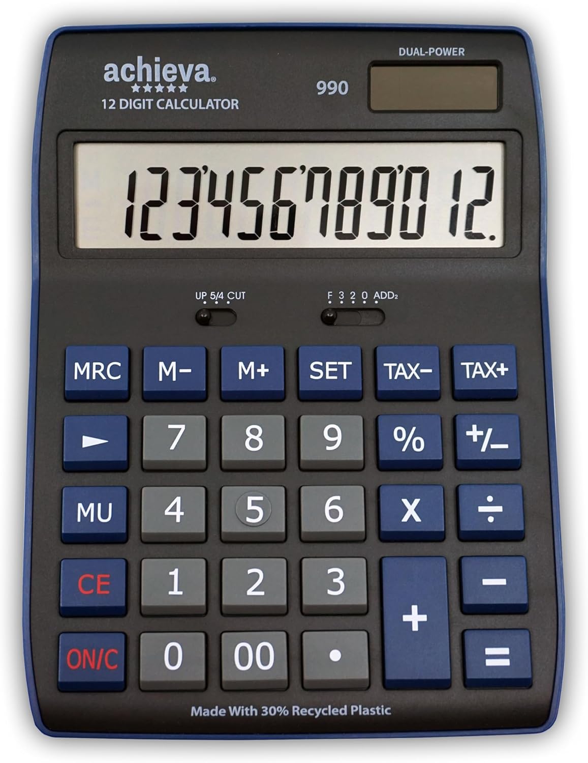 Achieva 12-Digit LCD Display Desktop Calculator | Blue | Mark Up Key, Selectable Decimal & Rounding Switches | Dual Solar/Battery Power | for Home, Office, School (990)