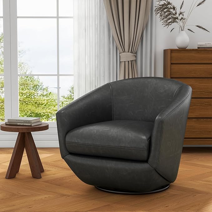 UIXE Faux Leather Swivel Accent Chairs Set of 2, Barrel Chair Upholstered Club Armchair for Living Room, Comfy Single Sofa Bedroom Side Reading Seat - Black