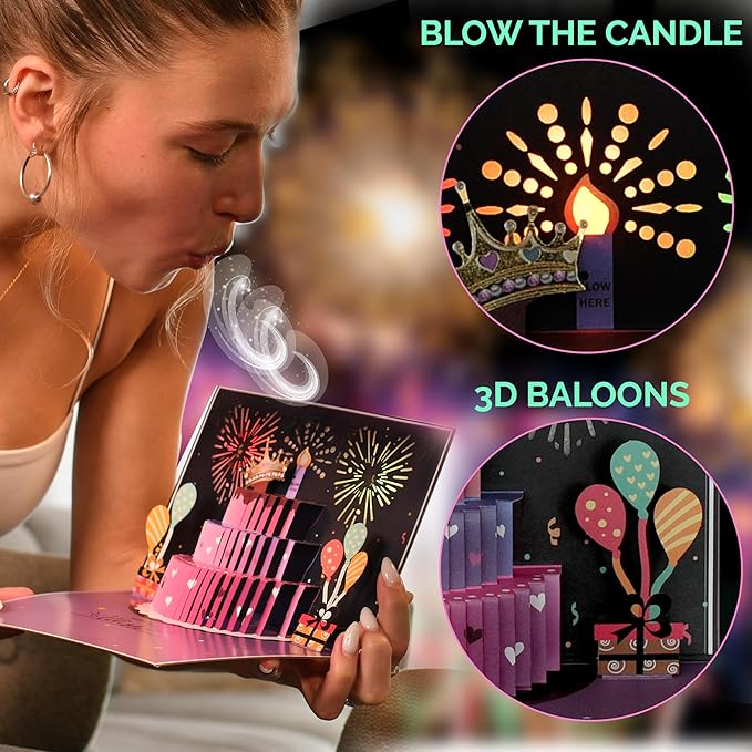3D Pop-Up Happy Birthday Cards for Women – LED Fireworks & Music with Blow The Candle, Gold Crown, 3D Balloons, Purple & Pink Design - Happy Birthday Card for Mom, Wife or Daugther (8.27" x 5.27")
