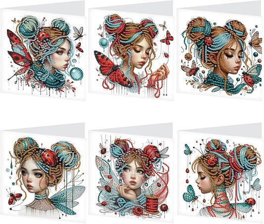 Tontut 6pcs Diamond Art Painting Kit Greeting Card, Temperament Butterfly Lady 5D DIY Diamond Handmade Holiday Sparkling Greeting Card with Envelope, Holiday Gift Congratulation