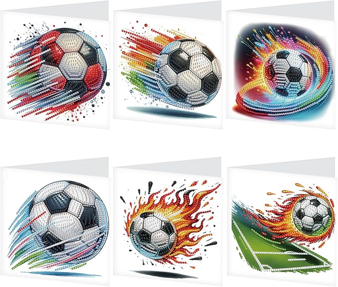 Tontut 6pcs Diamond Art Painting Kit Greeting Card, Football 5D DIY Diamond Handmade Holiday Sparkling Greeting Card with Envelope, Holiday Gift Congratulation
