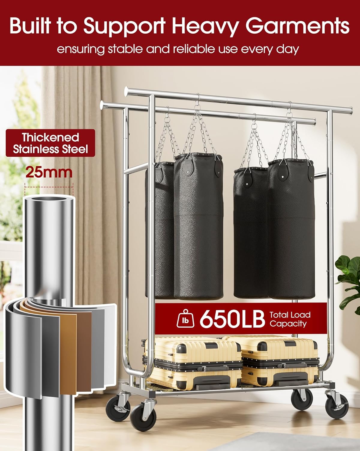 Heavy-Duty Clothes Rack - Double-Rod Stainless Steel Garment Rack with 4-inch Lockable Wheels, Clothing Racks for Hanging Clothes in Bedroom, Laundry Room, 43.3"×16.5"×61.0", Silver