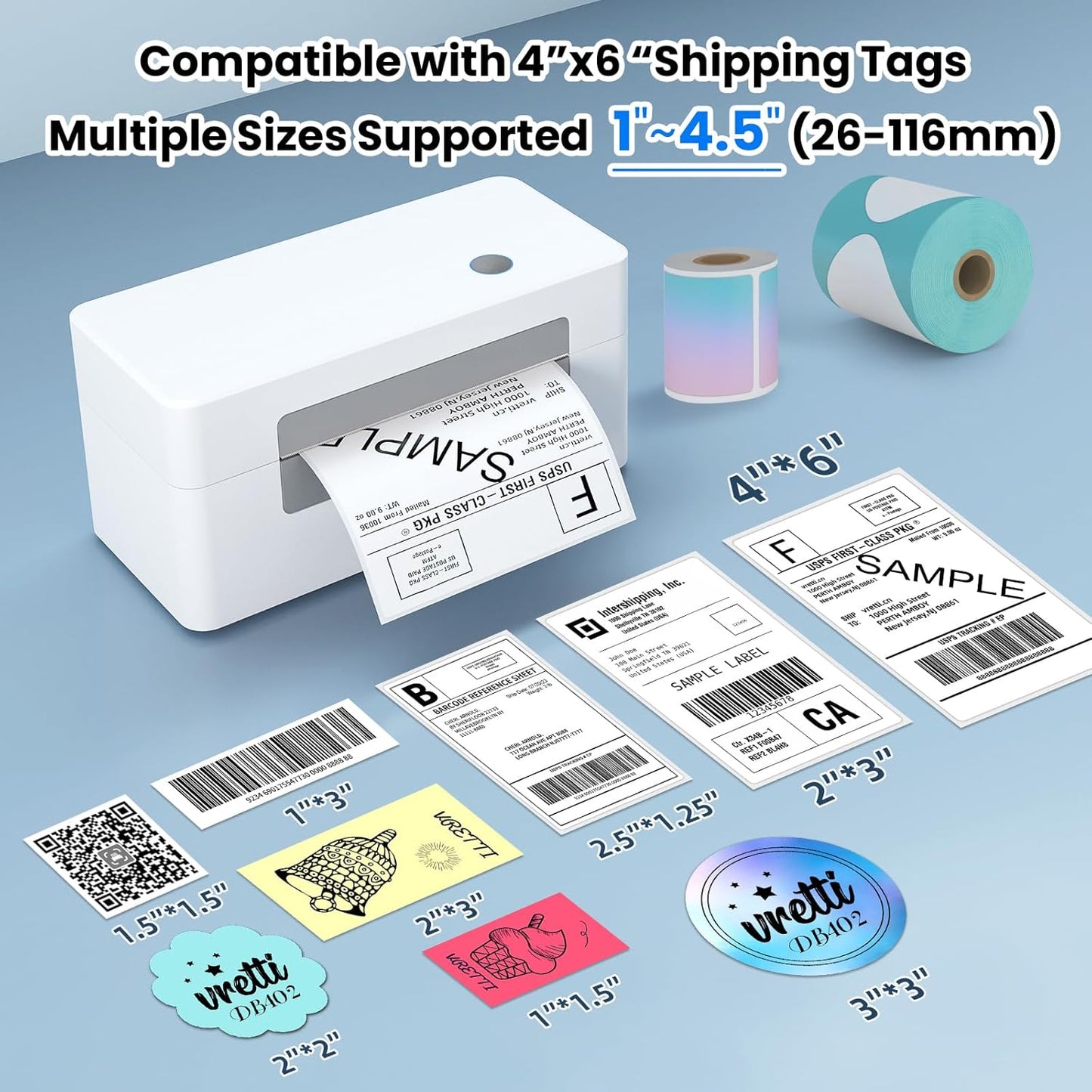 vretti Bluetooth Shipping Label Printer - 4x6 Thermal Printer for Shipping Packages and Small Businesses, Label Printer Supports Android/iPhone/Windows, Compatible with Shopify, Ebay, USPS, Amazon
