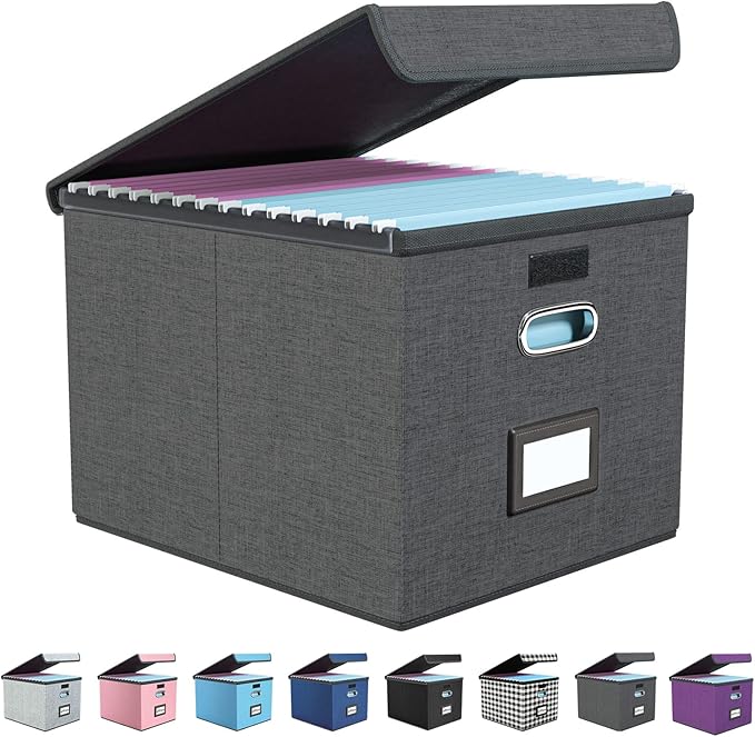 Collapsible File Storage Organizer Boxes with Lids, Linen Office Document Storage Box, Filing Box, Decorative Small File Box for Hanging File, Single File Box with Plastic Slide for Office/Decor/Home